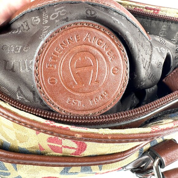 Etienne Aigner Monogram Canvas Shoulder Tote Brown Faux Leather Trim - Picture 12 of 16